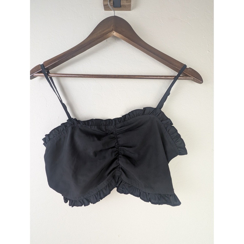 Unbranded Womens Black Ruched Ruffle Crop Top Smocked Back Adjustable Straps S